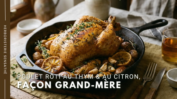 Recette de cuisine : Poulet rôti au thym avec pommes de terre, citron et ail dans une poêle en fonte sur table rustique - Herboristerie Sensathé Recette de cuisine : Poulet rôti au thym avec pommes de terre, citron et ail dans une poêle en fonte sur table rustique - Herboristerie Sensathé